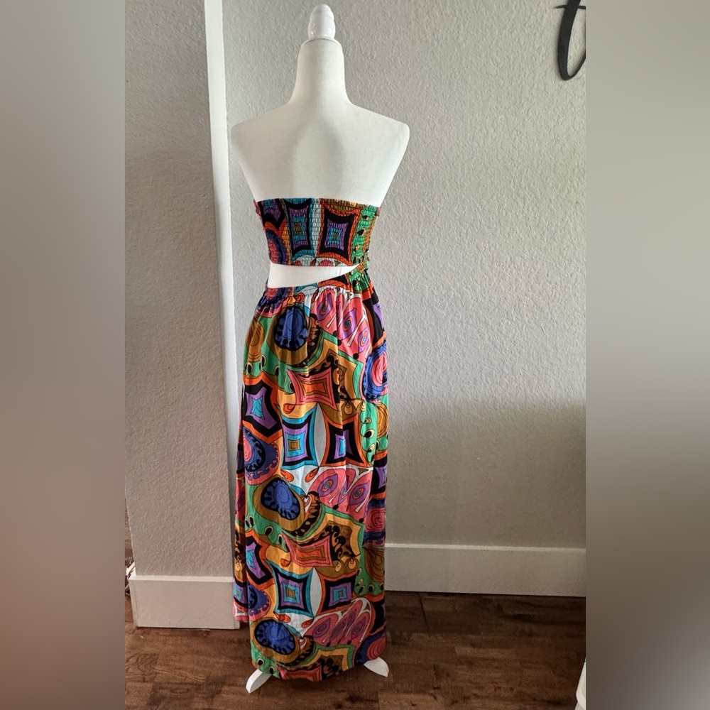 SWF Murano Asymmetrical strapless Cut Out retro printed Maxi Dress Size XS - Picture 6 of 9